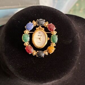 Vintage Majesteon Quartz Watch Brooch with Multicolor Stones Tigers Eye